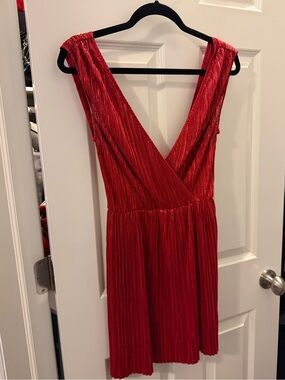 OML Red Metallic Pleated Wrap Mini Dress NWOT - Size XS